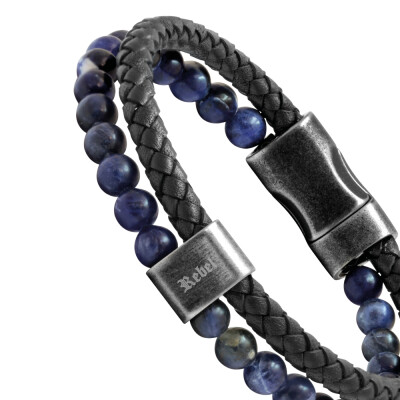 Bracelet Rochet Karma marine en acier vintage, cuir tressé noir et lapis lazuli, 22cm