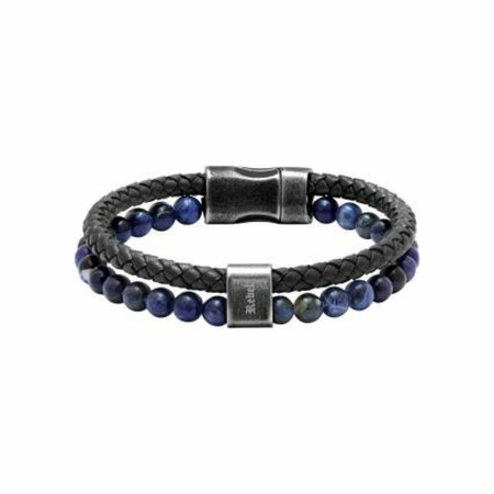 Bracelet Rochet Karma marine en acier vintage, cuir tressé noir et lapis lazuli, 22cm