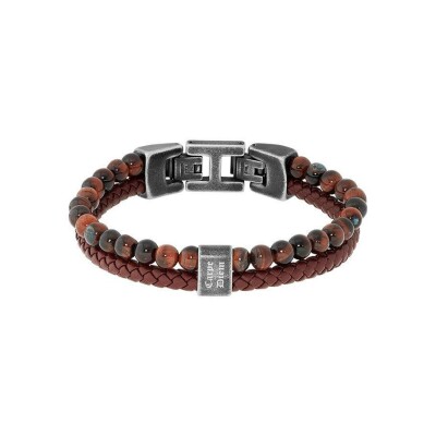 Bracelet Rochet KARMA en acier vintage et cuir tressé bordeaux et perles œil de taureau 21,5cm réglable