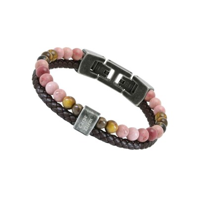 Bracelet Rochet Carpe Diem en acier, cuir, oeil de tigre et rhodochrosite