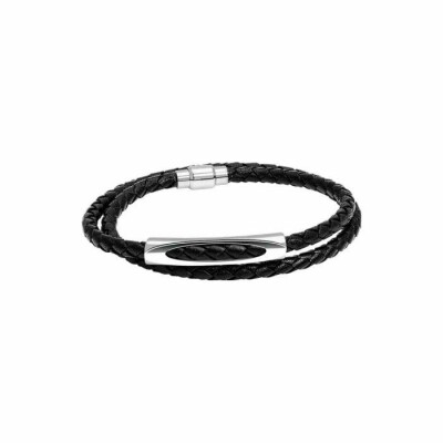 Bracelet Rochet Rebel en acier et cuir tressé noir