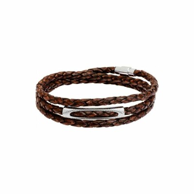 Bracelet Rochet Rebel en acier et cuir tressé marron