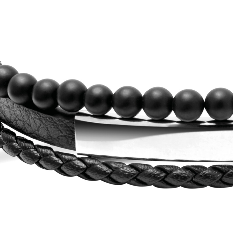 Bracelet Rochet Yale en acier, cuir noir et agates noires