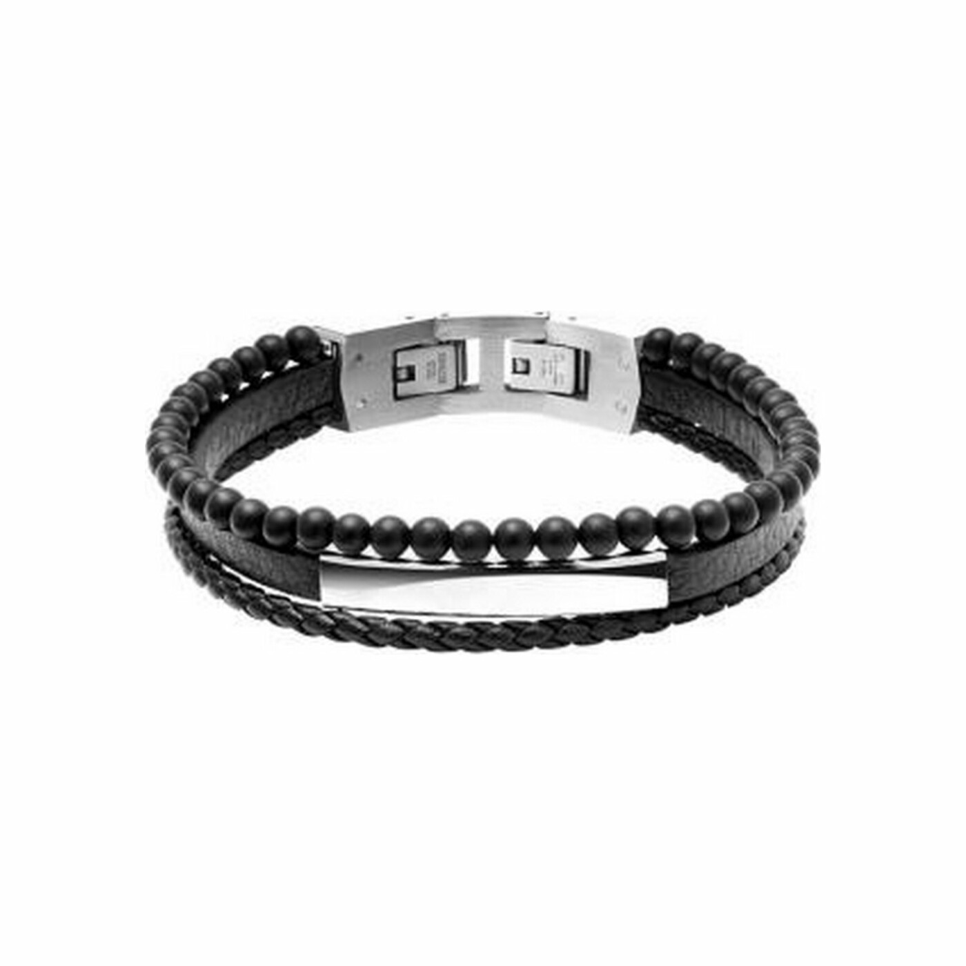 Bracelet Rochet Yale en acier, cuir noir et agates noires