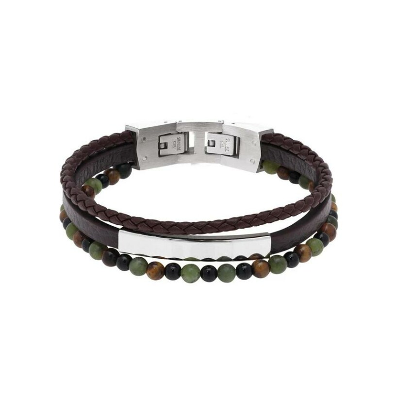 Bracelet Rochet en acier, cuir et œil de tigre