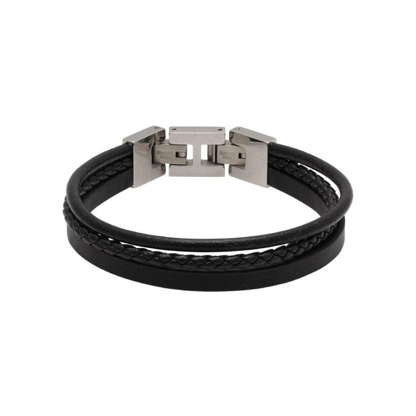 Bracelet Rochet en acier et cuir noir