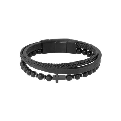 Bracelet Rochet MYSTÈRES en simili cuir, acier pvd et agate noire