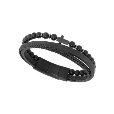 Bracelet Rochet MYSTÈRES en simili cuir, acier pvd et agate noire