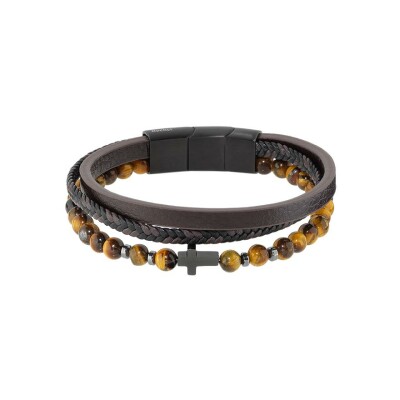 Bracelet Rochet MYSTÈRES en simili cuir, acier pvd et oeil de tigre