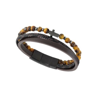 Bracelet Rochet MYSTÈRES en simili cuir, acier pvd et oeil de tigre