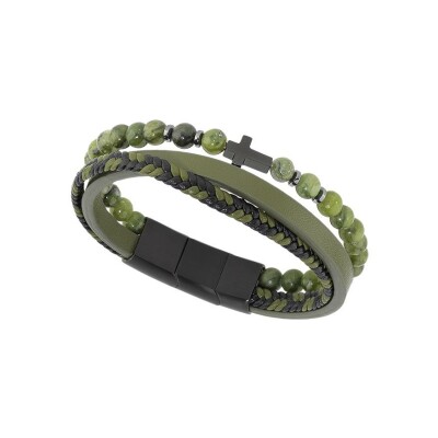 Bracelet Rochet MYSTÈRES en simili cuir, acier pvd et jaspe