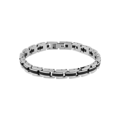 Bracelet Rochet EMPREINTE 6mm motif godron en acier satiné et PU noir, taille 21cm