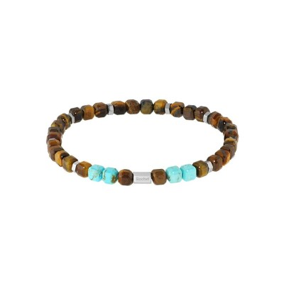 Bracelet Rochet BOREAL en acier satiné, oeil de tigre et turquoise