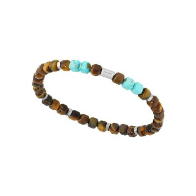 Bracelet Rochet BOREAL en acier satiné, oeil de tigre et turquoise