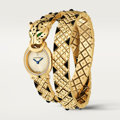 La Panthère de Cartier Watch, Quartz movement, yellow gold, tsavorites, black spinels, lacquer, diamonds
