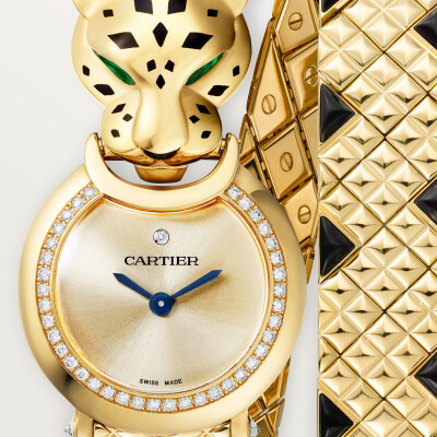 La Panthère de Cartier Watch, Quartz movement, yellow gold, tsavorites, black spinels, lacquer, diamonds