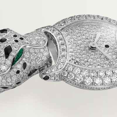La Panthère de Cartier Watch, Quartz movement, rhodium-finish white gold, emeralds, lacquer, diamonds