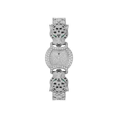 La Panthère de Cartier Watch, Quartz movement, rhodium-finish white gold, emeralds, lacquer, diamonds