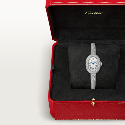 Montre Baignoire (Taille 16) de Cartier Mini modèle, mouvement quartz, or gris, diamants
