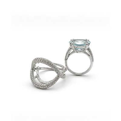 Bague Isabelle Barrier en or blanc, diamants et aigue-marine, taille 54