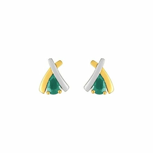 Boucles d'oreilles en or jaune, rhodium et emeraudes