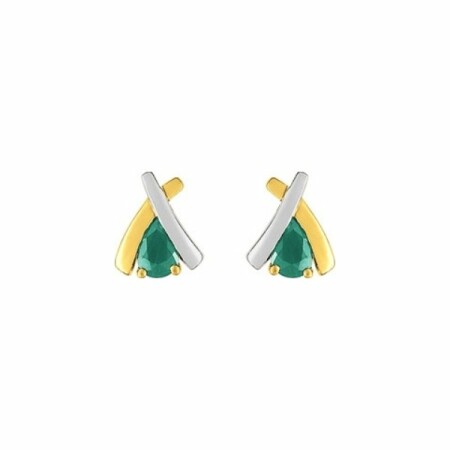 Boucles d'oreilles en or jaune, rhodium et emeraudes