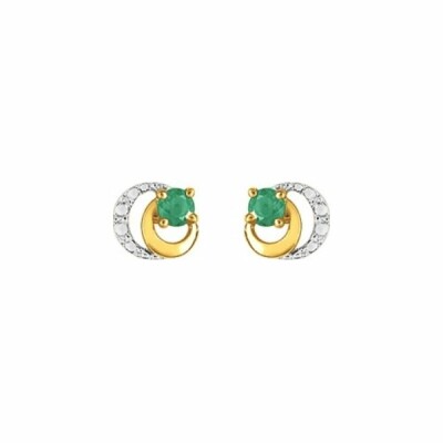 Boucles d'oreilles en or jaune, rhodium et emeraudes