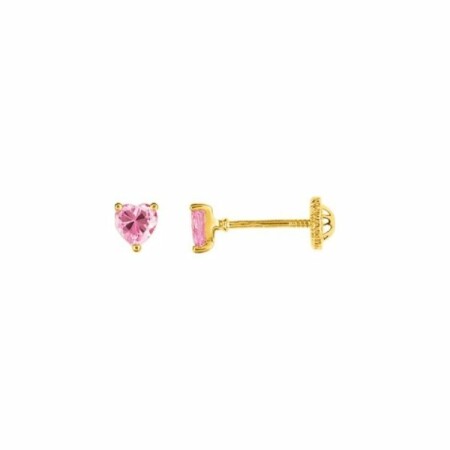 Puces d'oreilles coeur en or jaune et oxyde de zirconium rose