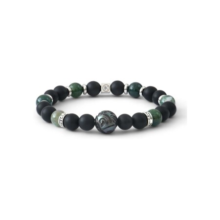 Bracelet IKOBA Les Hommes en agate mousse, agate noire dépolie et perle de Tahiti gravée