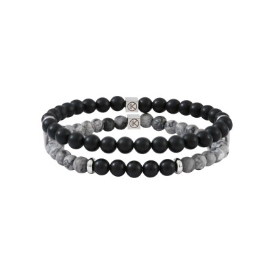 Bracelet IKOBA Les Hommes en jaspe de paysage gris dépolie et agate noire dépolie