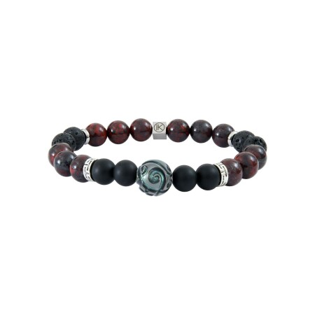 Bracelet IKOBA Les Hommes en jaspe rouge, agate noire dépolie, pierre de lave et perle de tahiti gravée