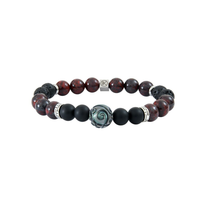 Bracelet IKOBA Les Hommes en jaspe rouge, agate noire dépolie, pierre de lave et perle de tahiti gravée
