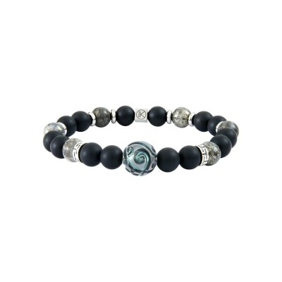 Bracelet IKOBA Les Hommes en pyrite polie, agate noire dépolie et perle de tahiti gravée