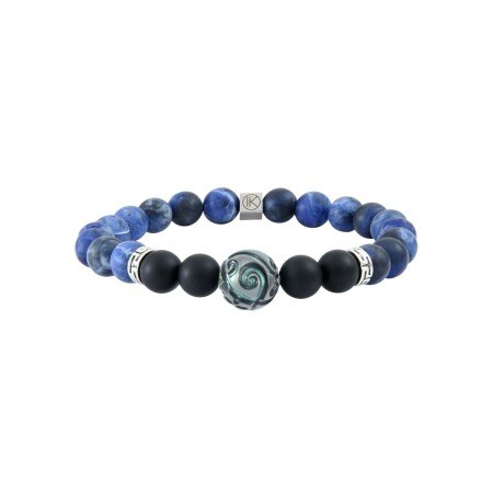 Bracelet IKOBA Les Hommes en agate noire dépolie, sodalite dépolie et perle de Tahiti gravée