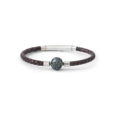 Bracelet IKOBA Les Hommes en cuir tressé chocolat perle de Tahiti gravée