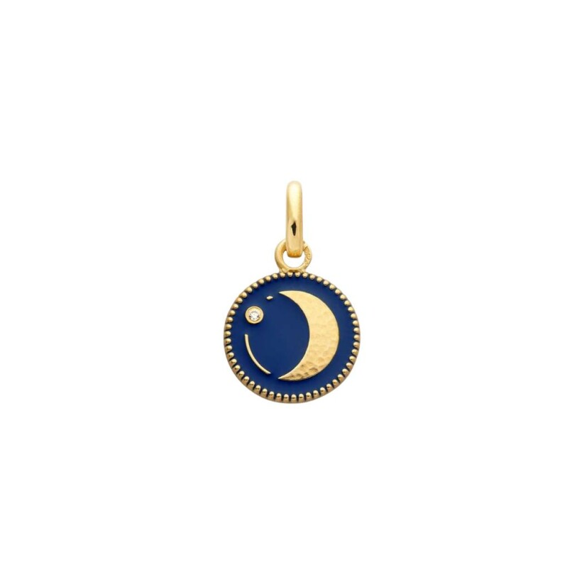 Médaille Arthus Bertrand Ma Mini Médaille, Lune bleu marine en or jaune satiné et diamant, 10mm