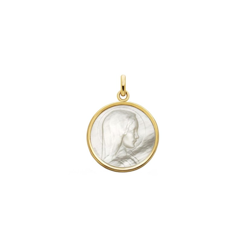Médaille Arthus Bertrand Vierge Jeune en nacre et or jaune poli brillante, 19 mm