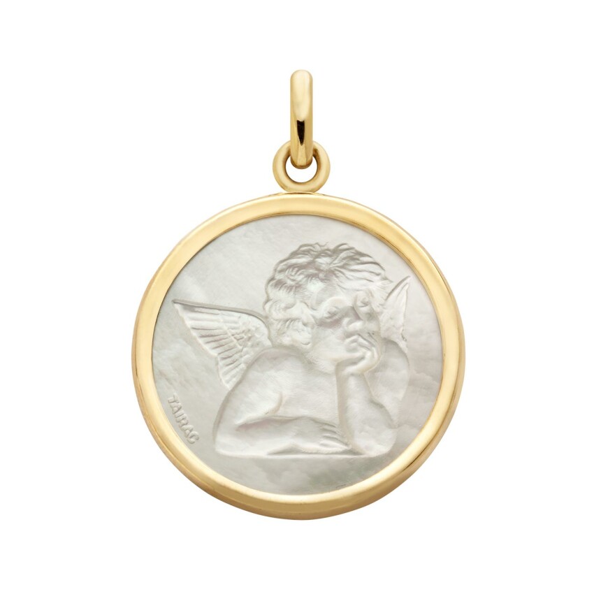 Arthus Bertrand Raphael's angel medal, 19mm, mother-of-pearl, yellow gold