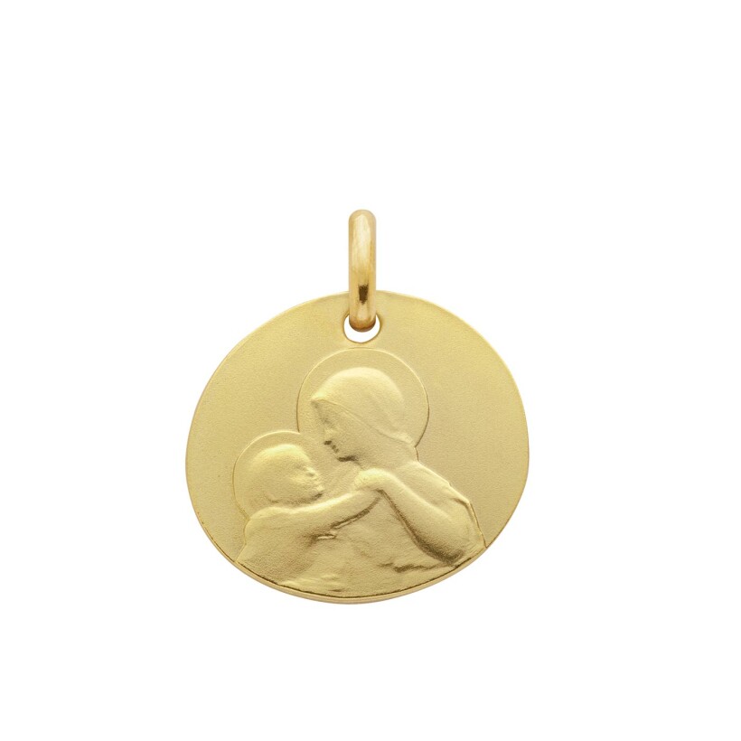 Arthus Bertrand virgin with child medal, divine tenderness pebble, 16mm, sandblasted yellow gold
