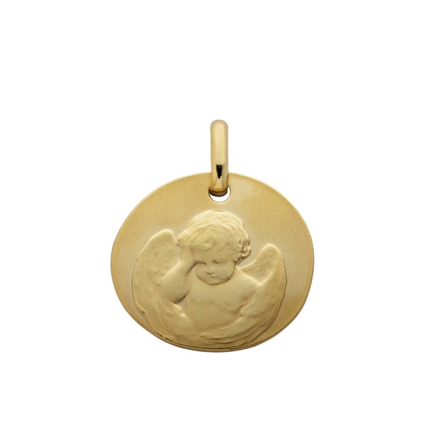 Arthus Bertrand angel pebble medal, 16 mm, sandblasted yellow gold