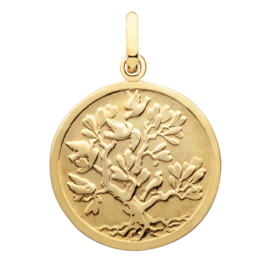 Arthus Bertrand Tree of life doves medal, 18mm, polished yellow gold