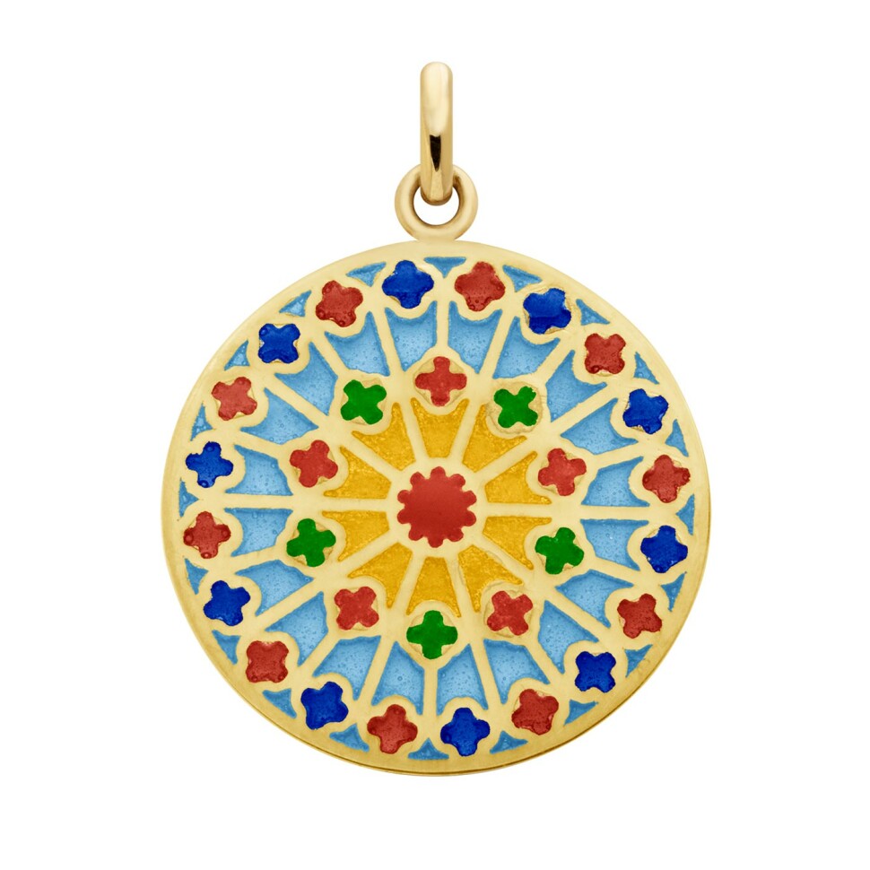 Arthus Bertrand Notre Dame de Paris west medal, 22mm, translucent multicolor enamel, yellow gold