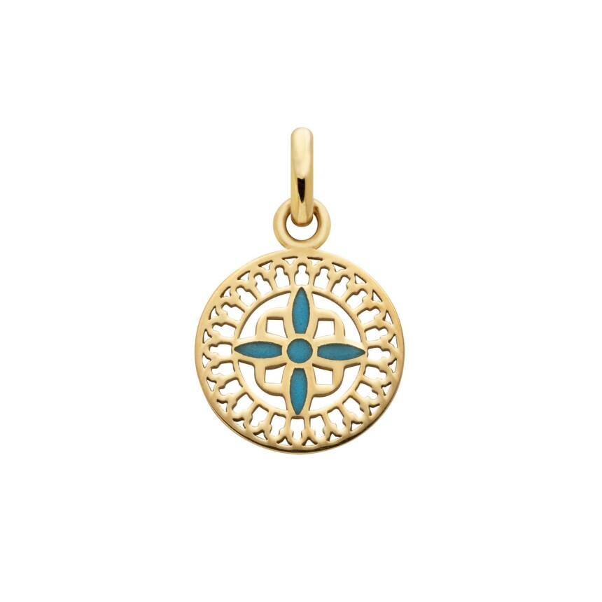 Arthus Bertrand Mont Saint Michel cross medal, 12mm, translucent blue enamel, yellow gold