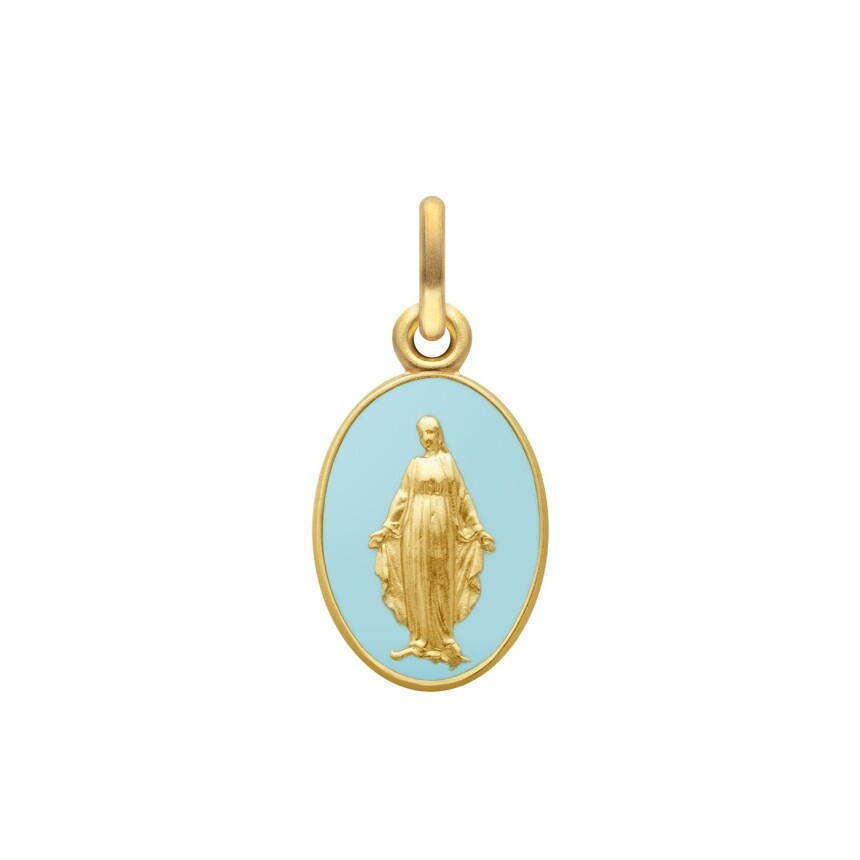Arthus Bertrand miraculous virgin 2 sides medal, 13mm, sky blue lacquer, sandblasted yellow gold