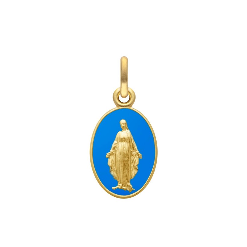 Arthus Bertrand Miraculous Virgin Medal 2 sides 13 mm sandblasted yellow gold royal blue lacquer