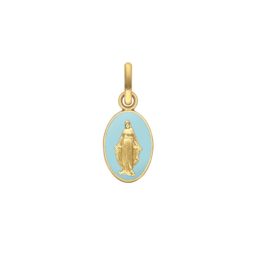 Arthus Bertrand miraculous virgin 2 faces medal, 10mm, blue sky enamel, yellow gold