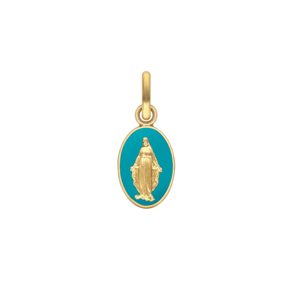 Arthus Bertrand Miraculous Virgin Medal 2 sides 10 mm yellow gold aqua enamel