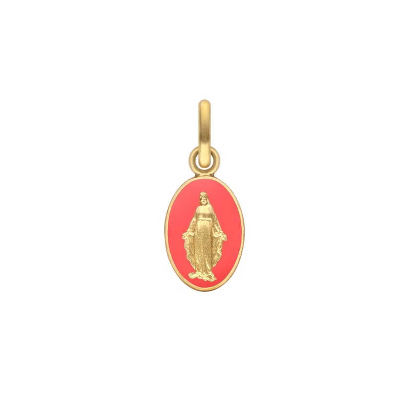 Arthus Bertrand miraculous virgin 2 sides medal, 10mm, petunia pink enamel, yellow gold