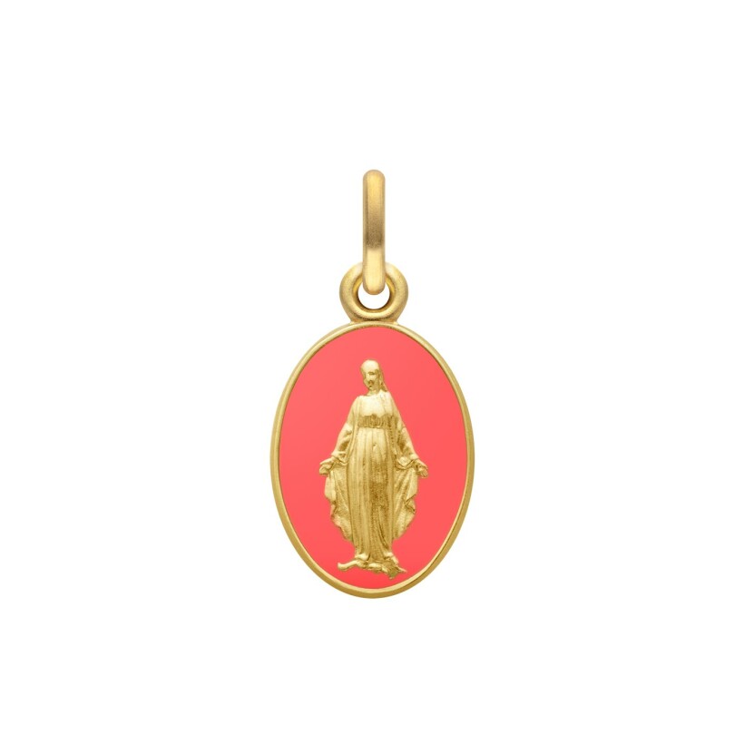 Arthus Bertrand miraculous virgin 2 sides medal, 13mm, petunia pink enamel, yellow gold