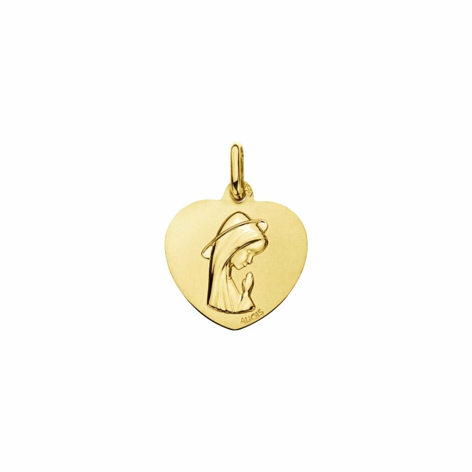 Médaille Augis Vierge mains jointes cœur polie satinée en or jaune, 18mm